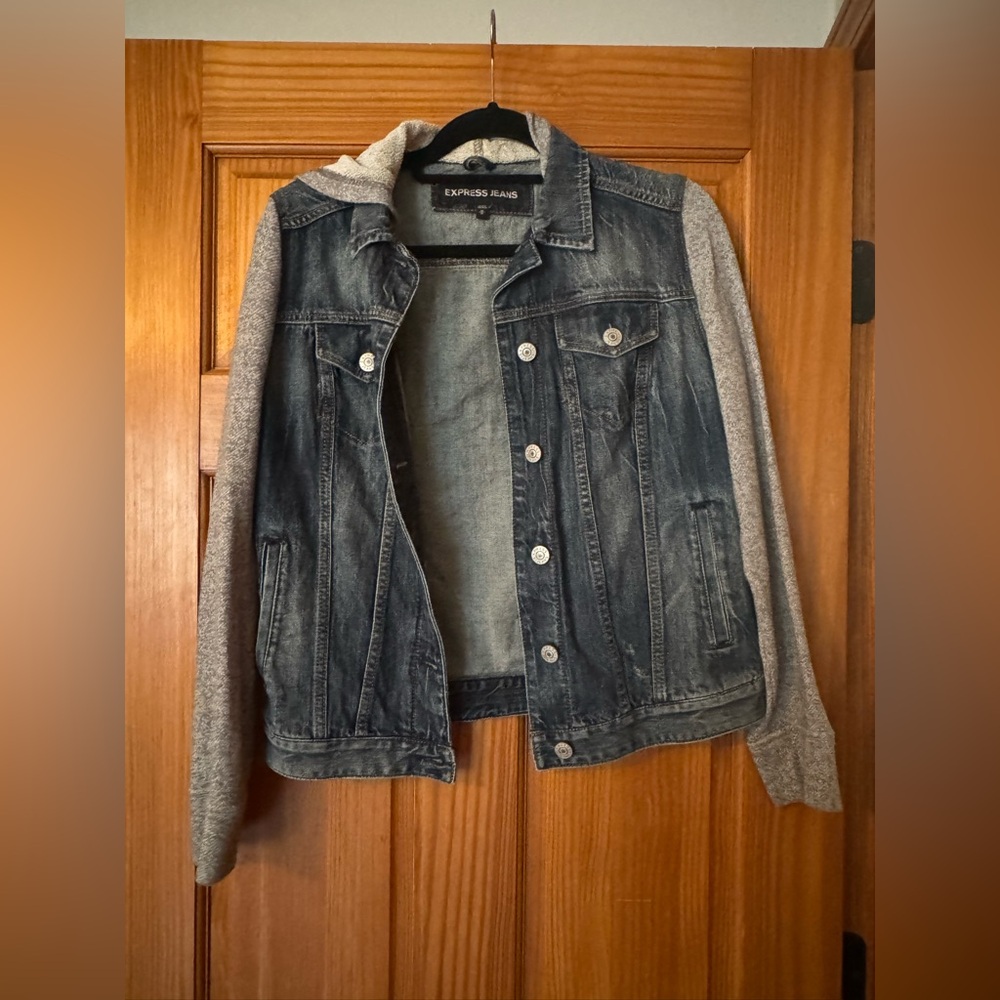 Express Jeans Blue Denim Jacket with Gray Sleeves